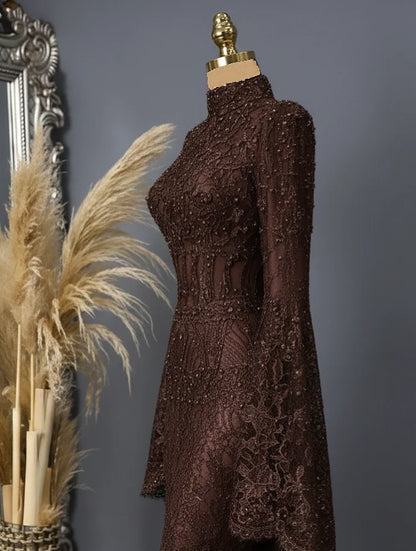 Chocolate Mermaid Muslim Prom Gala Dresses Fairytale Long Sleeve Lace Crystal High Neck Kınaelbisesi Evening Gown Customized