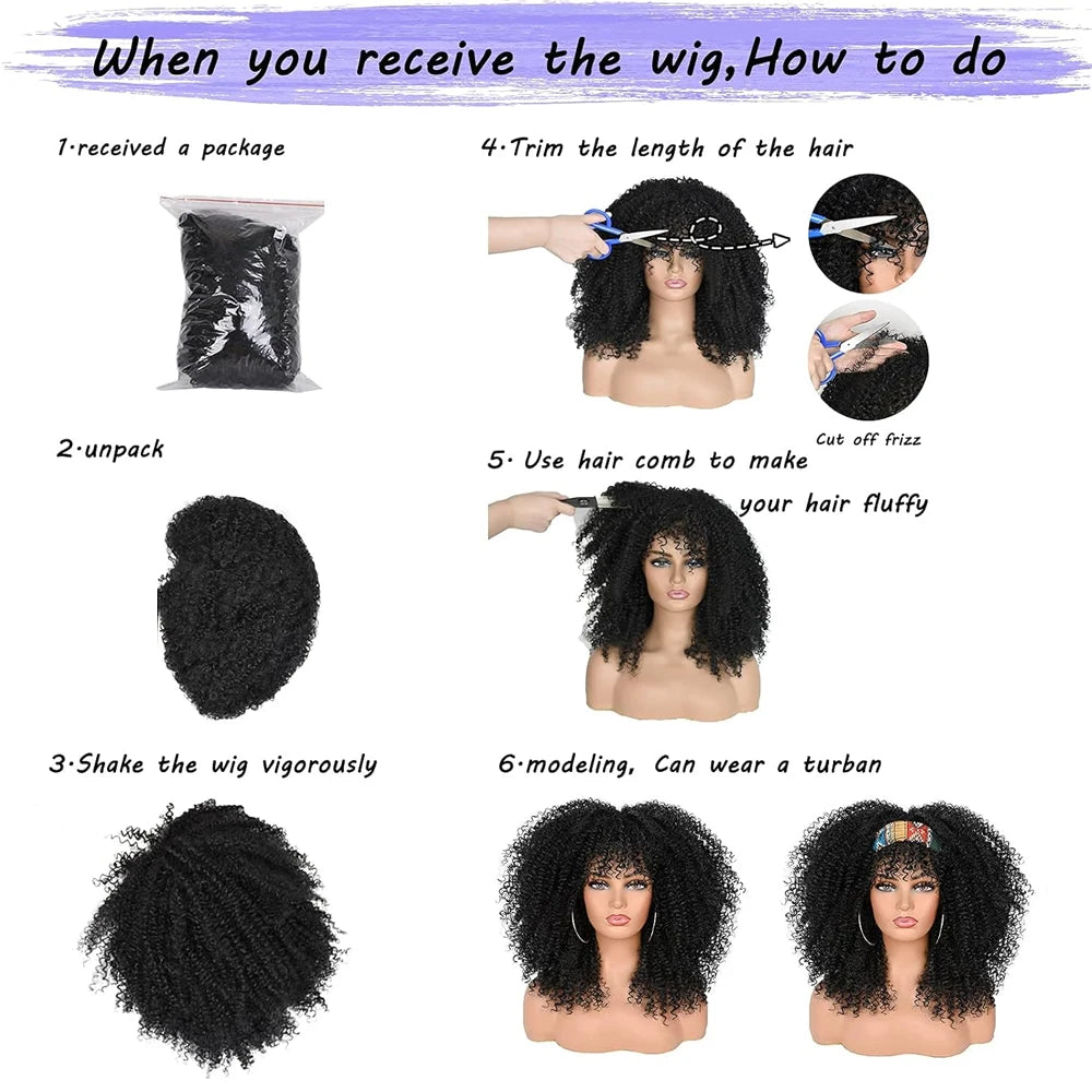 Curly Wigs for Black Women Afro  Curly Wig with Bangs Synthetic Fiber Glueless Kinky Curly Hair Black