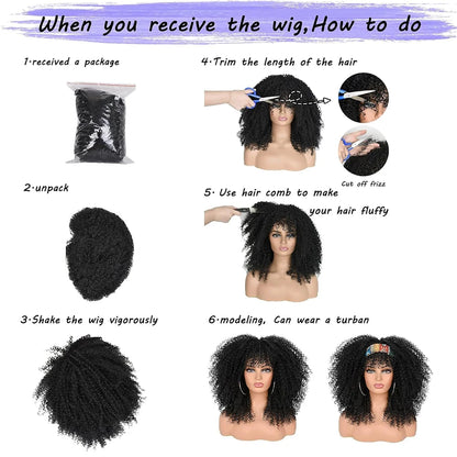 Curly Wigs for Black Women Afro  Curly Wig with Bangs Synthetic Fiber Glueless Kinky Curly Hair Black