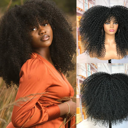 Curly Wigs for Black Women Afro  Curly Wig with Bangs Synthetic Fiber Glueless Kinky Curly Hair Black
