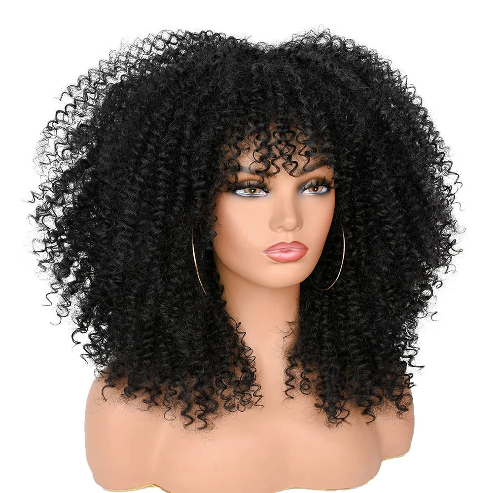 Curly Wigs for Black Women Afro  Curly Wig with Bangs Synthetic Fiber Glueless Kinky Curly Hair Black