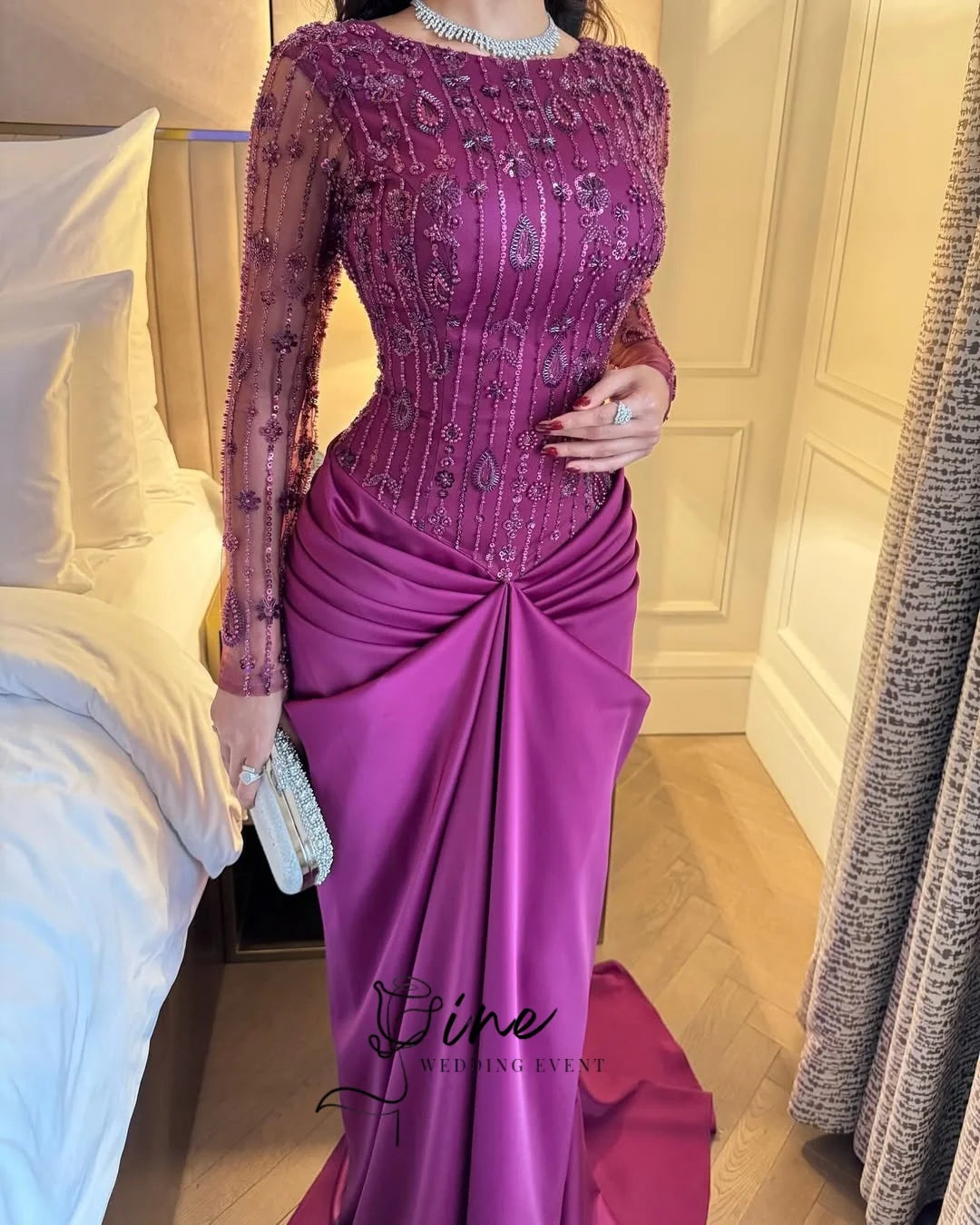 Oine Glamorous Purple Mermaid Evening Dresses Elegant Beading Vestido de Noche Customized Beaded Formal Women Prom Party Dress