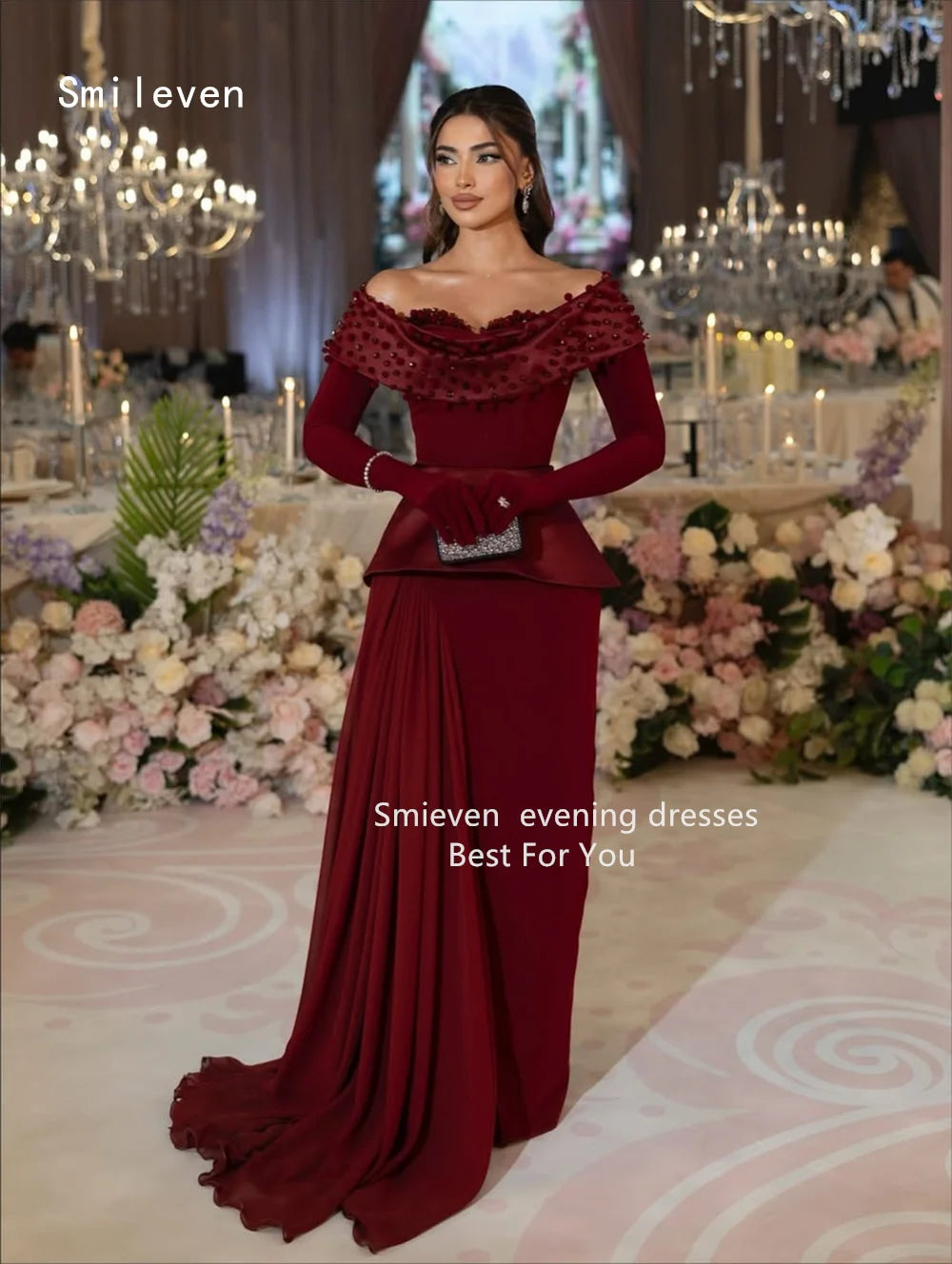 Smileven Luxury 3D Mermaid Prom Dress Off The Shoulder Party Gowns Appliques Formal Full Sleeve Occassion Dress Customized 2026