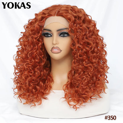 20 Inch Curly Synthetic Lace Front Wig For Africen Women Black T Part Blonde Curly Lace Frontal Wig For Afro Female
